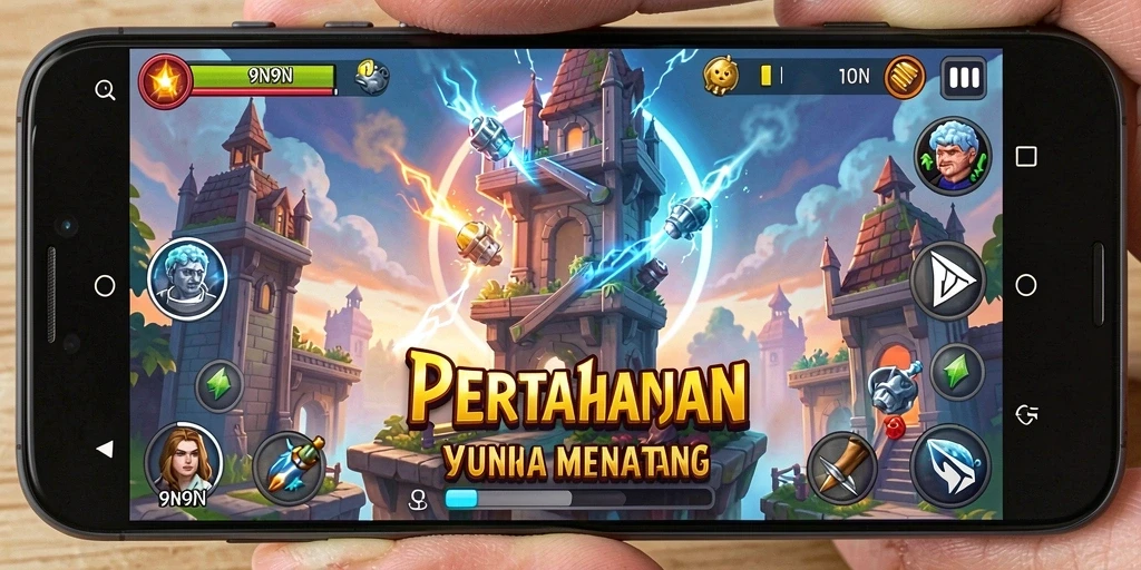 Screenshot gameplay Tower Defense dari 9N9N yang penuh aksi