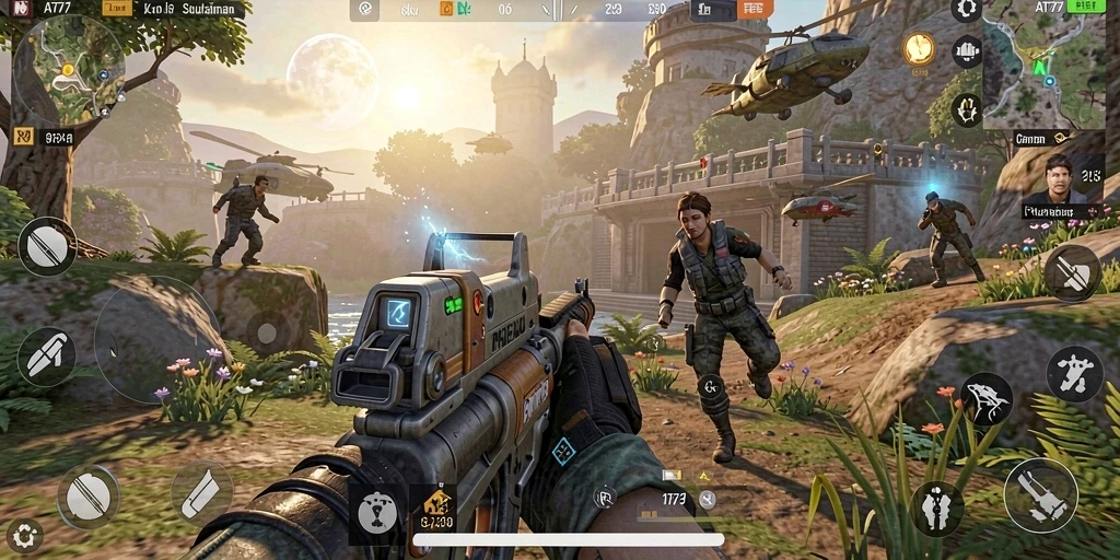 Tangkapan layar utama AT777 menampilkan aksi mendebarkan dalam game TPS.