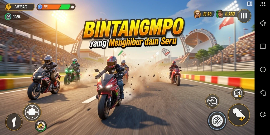 Screenshot utama BINTANGMPO menampilkan aksi balapan yang seru dan mendebarkan.