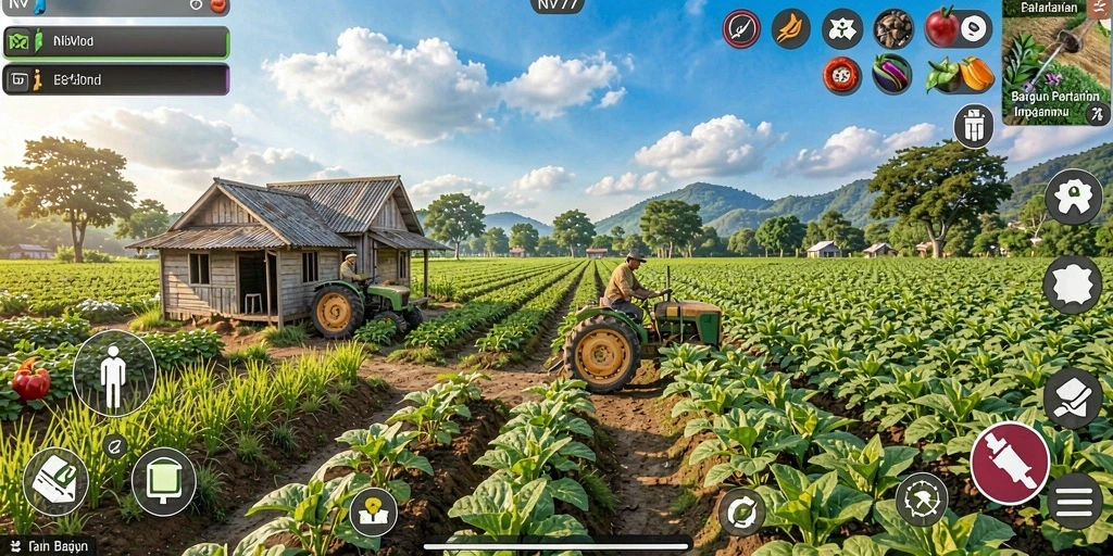 Tampilan gameplay NV77 yang menarik saat bertani di ladang.