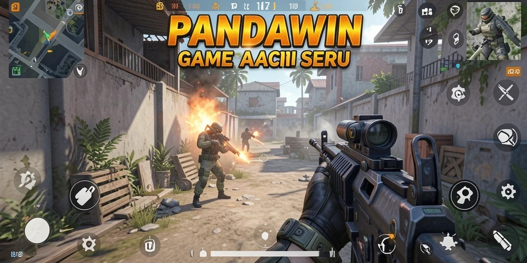 Tampilan gameplay seru dari PANDAWIN dengan aksi tembak-menembak yang mendebarkan.