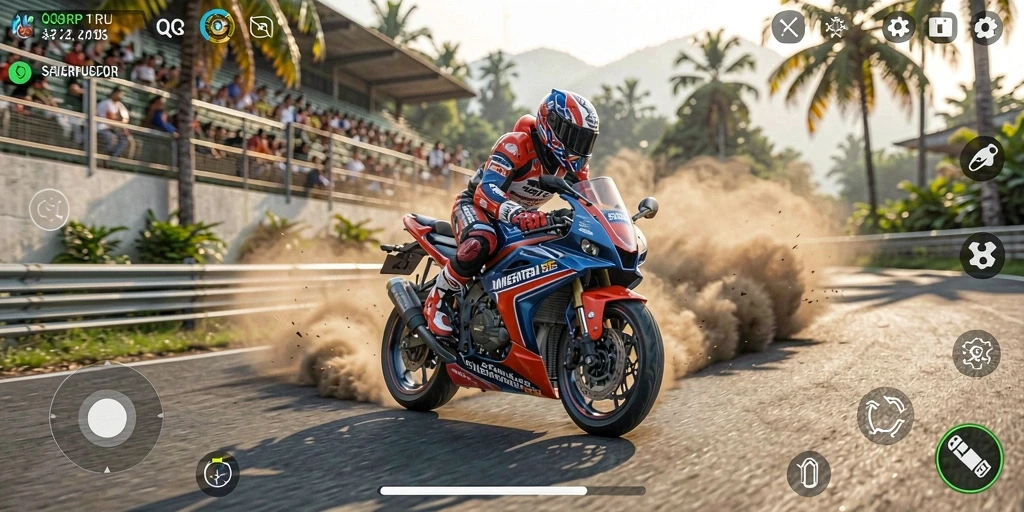 Screenshot utama QQRP menampilkan balapan motor yang cepat dan seru.