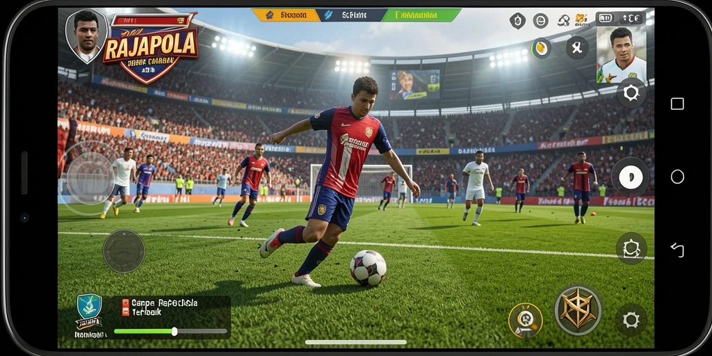Gameplay RAJAPOLA yang menampilkan pertandingan seru sepak bola.