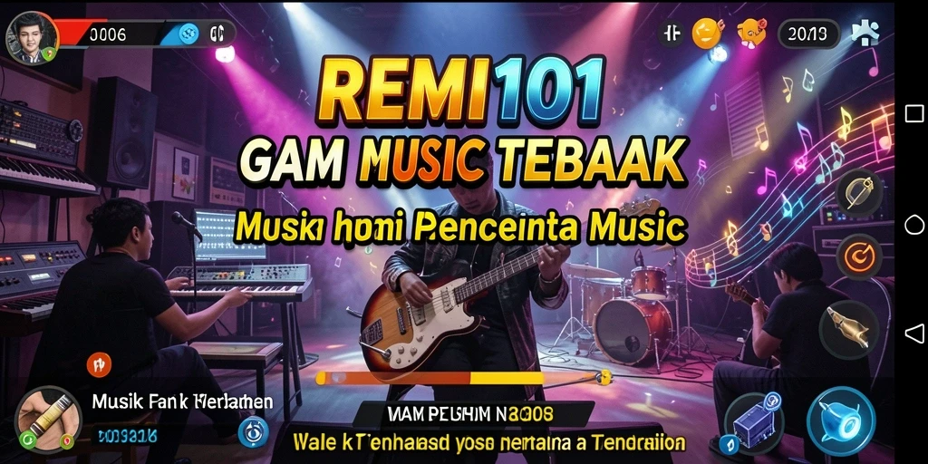 Screenshot utama REMI101 menampilkan gameplay penuh aksi dengan irama musik.