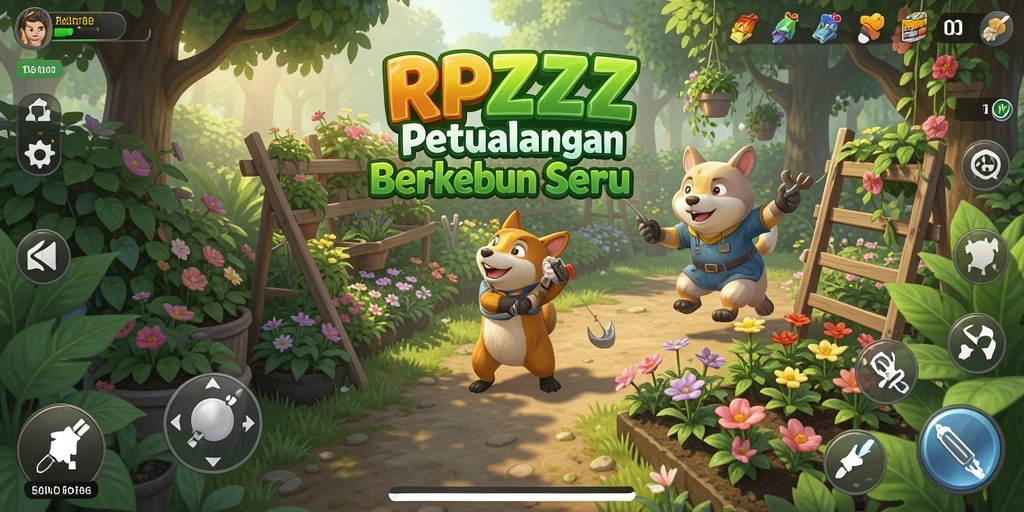 Tampilan gameplay menarik dari RPZZZ dengan kebun yang berkembang.