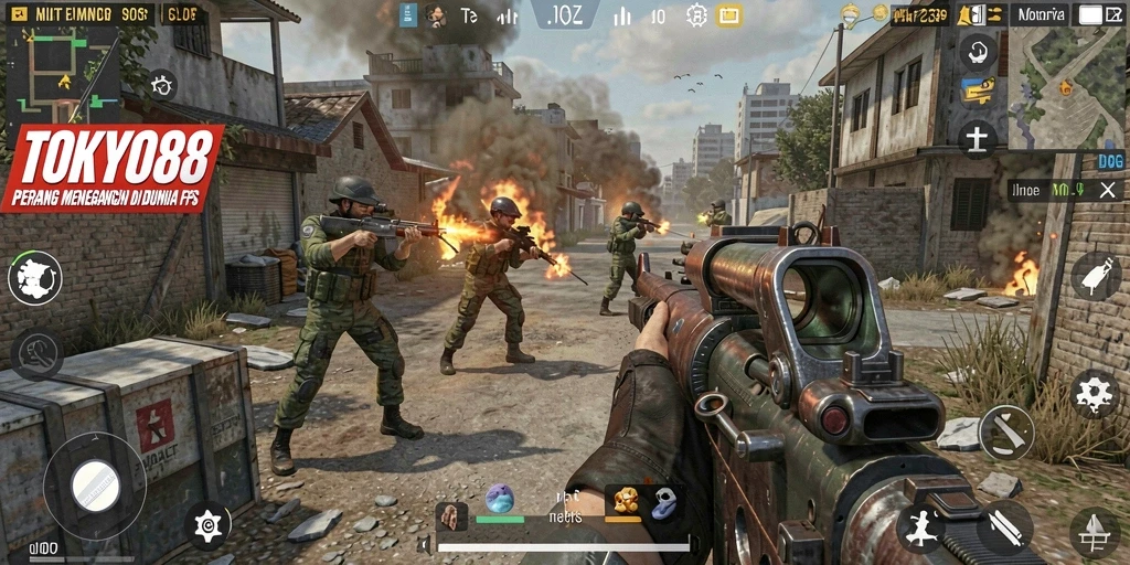 Tampilan gameplay menegangkan dalam TOKYO88 dengan aksi FPS yang mendebarkan.